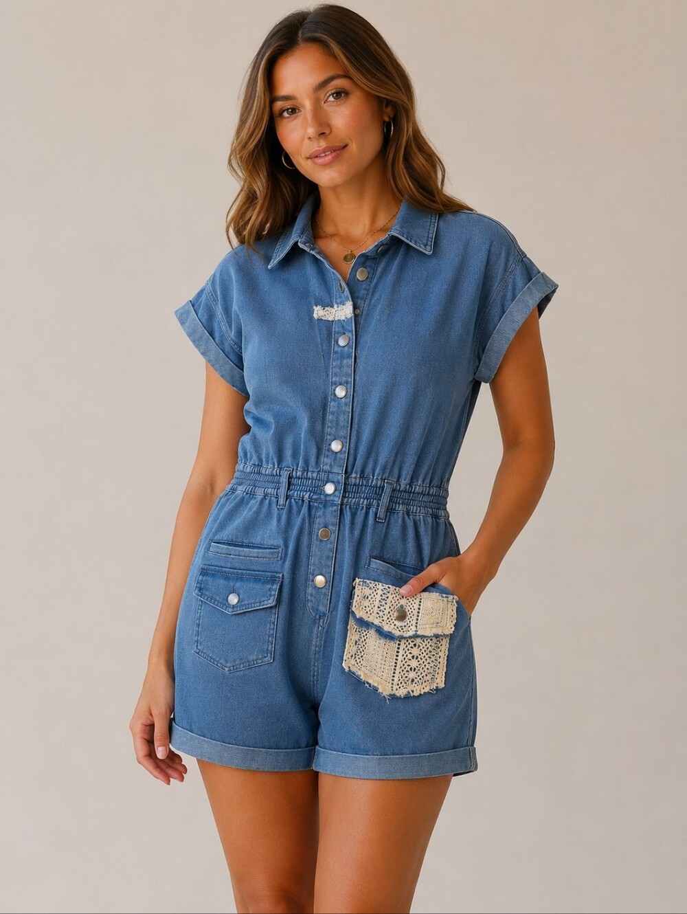 POL Blue Denim Utility Romper with Crochet Pocket – Button Front
